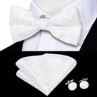 White Black Gray Silver Silk Mens Bow Ties Hanky Cufflinks - VacationGrabs