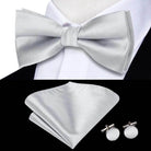 White Black Gray Silver Silk Mens Bow Ties Hanky Cufflinks - VacationGrabs