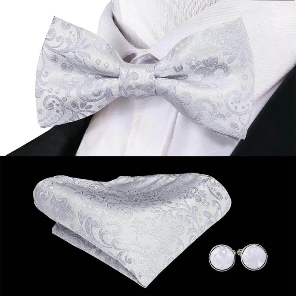 White Black Gray Silver Silk Mens Bow Ties Hanky Cufflinks - VacationGrabs