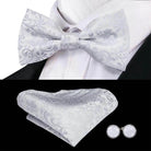 White Black Gray Silver Silk Mens Bow Ties Hanky Cufflinks - VacationGrabs