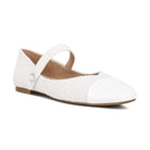 Rag Company white Mary Jane flats for women with textured fabric and patent toe cap
