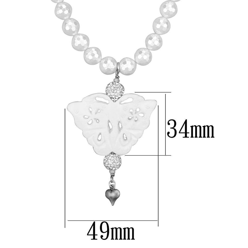 Elegant white metal pearl necklace featuring a butterfly pendant and sparkling accents