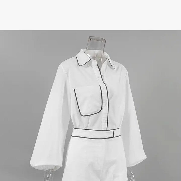 Miss Sparkling white summer shorts set with long sleeves and black piping detail