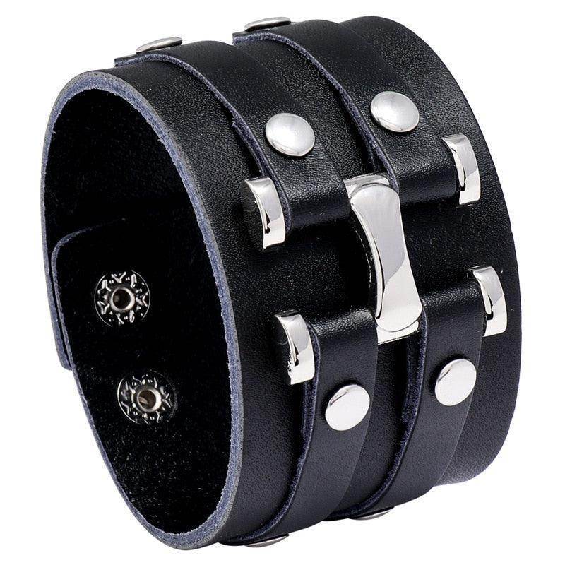Wide Cuff Punk Bracelets Vintage 3 Layers Black Brown - VacationGrabs