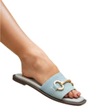Maker's Shoes women's wide fit vacation sandals in light blue with gold buckle detail