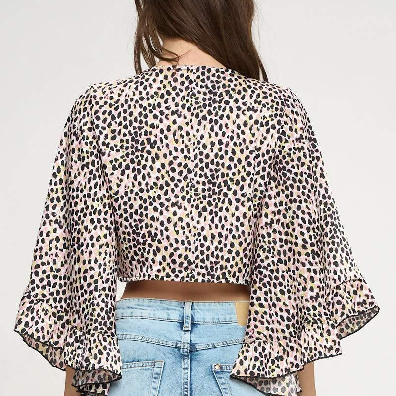 Women's Shirts - Cropped Tops Wide Ruffle Sleeves Tie Crop Leopard Print Shrug