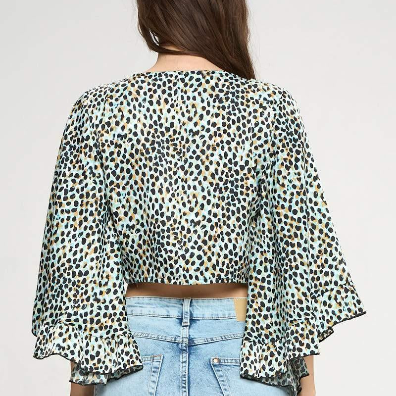 Women's Shirts - Cropped Tops Wide Ruffle Sleeves Tie Crop Leopard Print Shrug