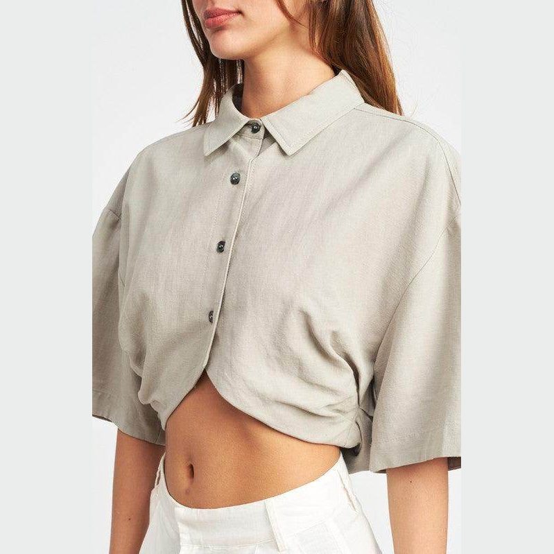 Emory Park wide sleeve crop top in light beige with buttoned front and relaxed fit for casual wear