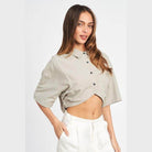 Emory Park wide sleeve crop top in beige with button-down front and a relaxed fit
