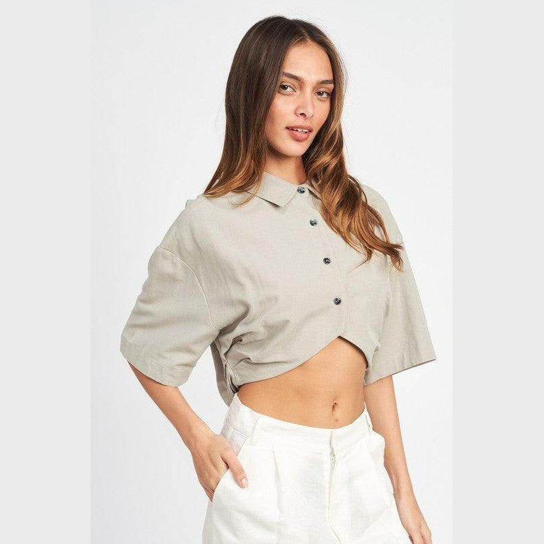 Emory Park wide sleeve crop top in beige with button-down front and a relaxed fit
