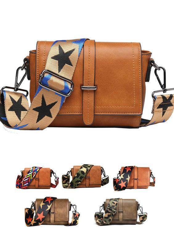 Sifides wide strap shoulder bag in tan leather with colorful adjustable straps and multiple design options