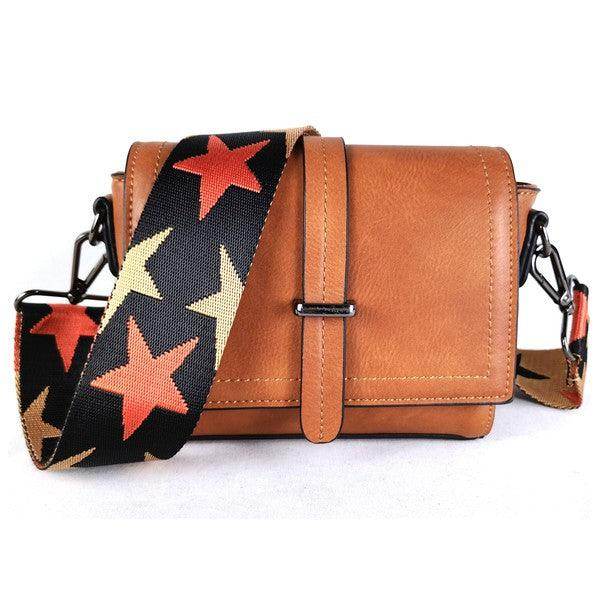 Sifides wide strap shoulder bag in tan leather with stylish star-patterned strap for everyday use
