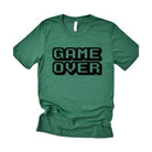 Wildberry Waves men's green retro gamer tee shirt with black pixelated Game Over text