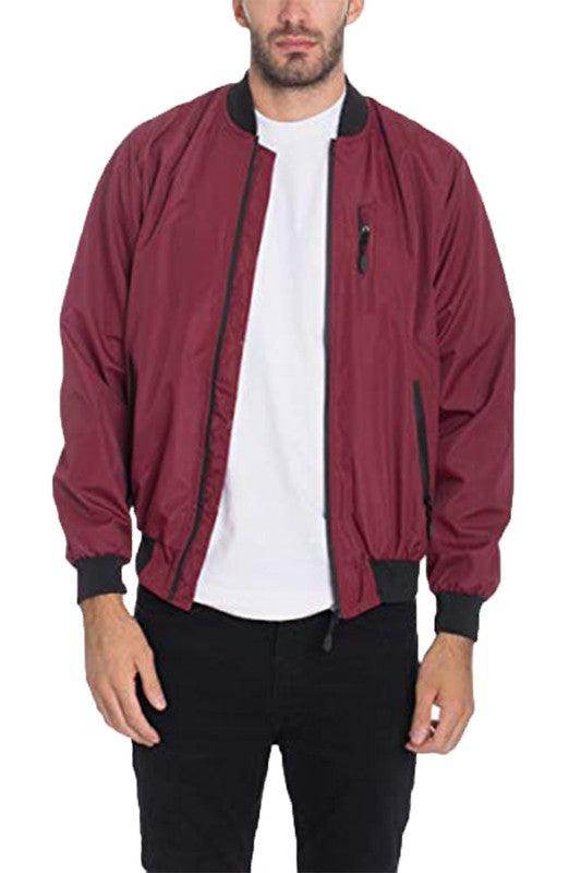WEIV Men's Burgundy Windbreaker for Travel with Zip Pockets and Lightweight Design