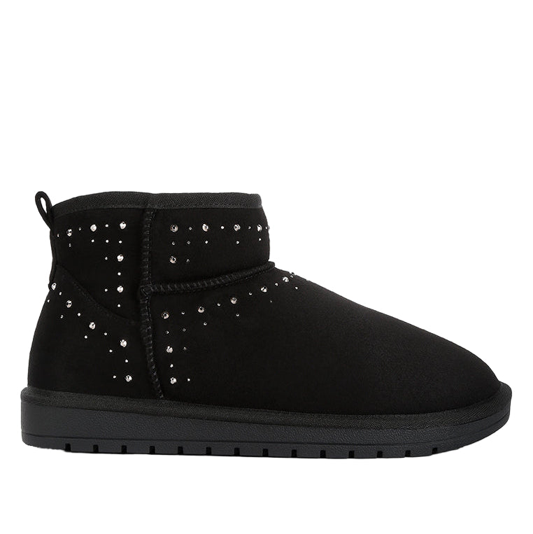 Black ankle boot with rhinestone details on a white background