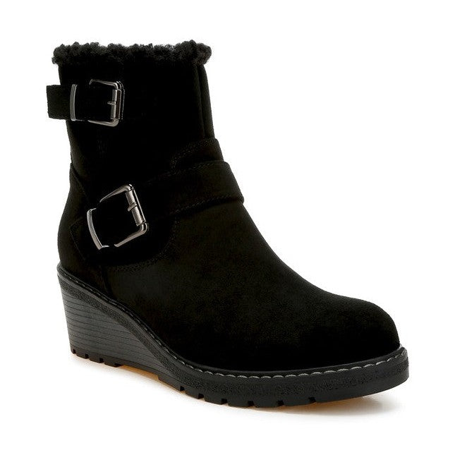 Rag Company Women's Winter Fashion Ankle Boots in Black with Buckle Straps and Cozy Lining