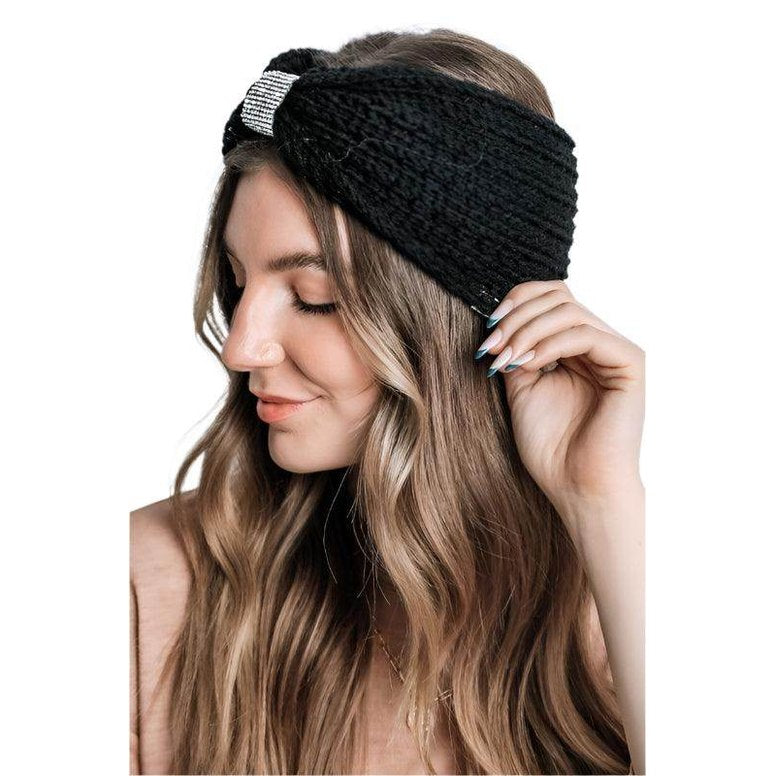 Winter Rhinestone Bow Knitted Head Band - VacationGrabs