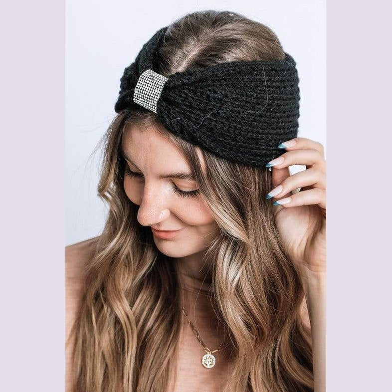 Winter Rhinestone Bow Knitted Head Band - VacationGrabs