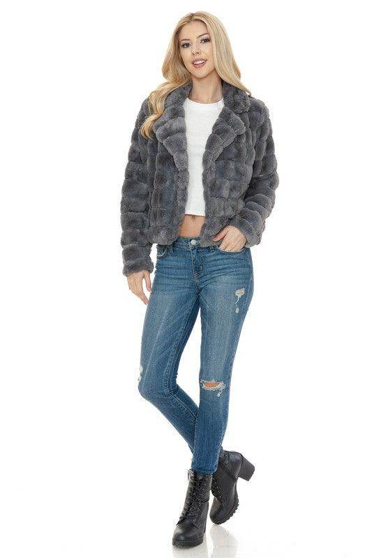 Women Charcoal Gray Faux Fur Jacket - VacationGrabs