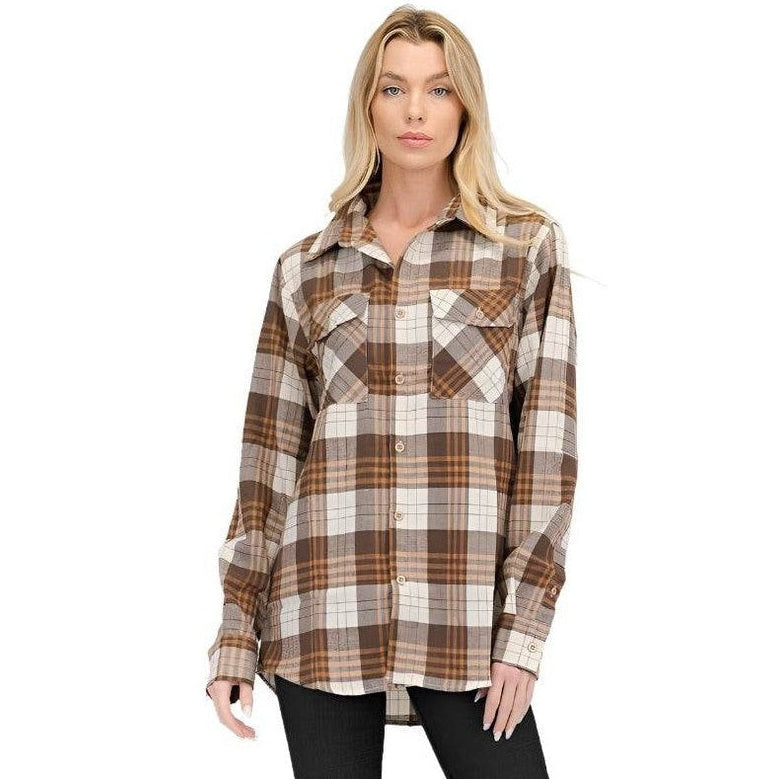 Women's Boyfriend Fit Checker Plaid Flannel Long Sleeve - VacationGrabs
