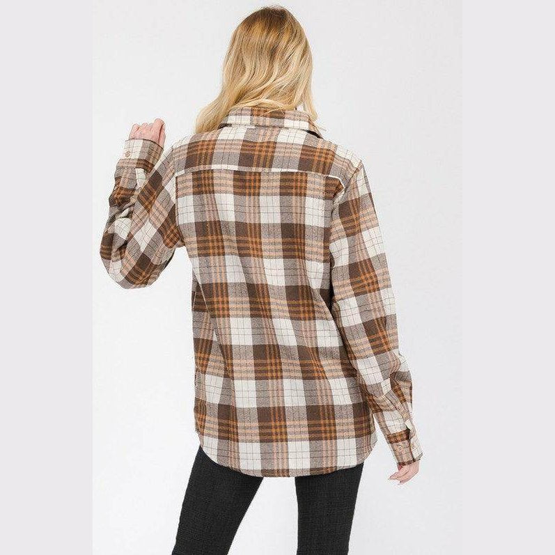 Women's Boyfriend Fit Checker Plaid Flannel Long Sleeve - VacationGrabs