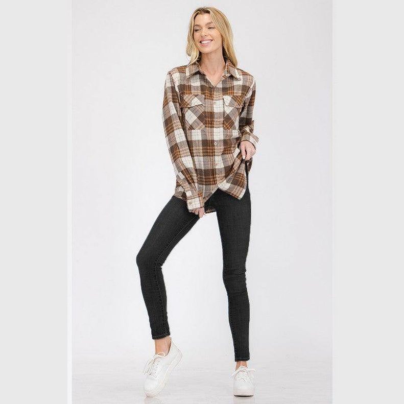 Women's Boyfriend Fit Checker Plaid Flannel Long Sleeve - VacationGrabs