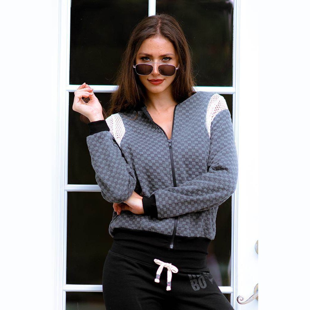 Women's Checkered Mesh Detail Bomber - VacationGrabs