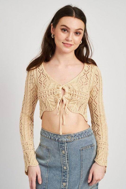 Women's Shirts - Cropped Tops Women’s Crochet Cropped Top with Front Tie