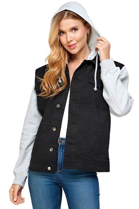 Women's Denim Jacket with Fleece Hoodie - VacationGrabs
