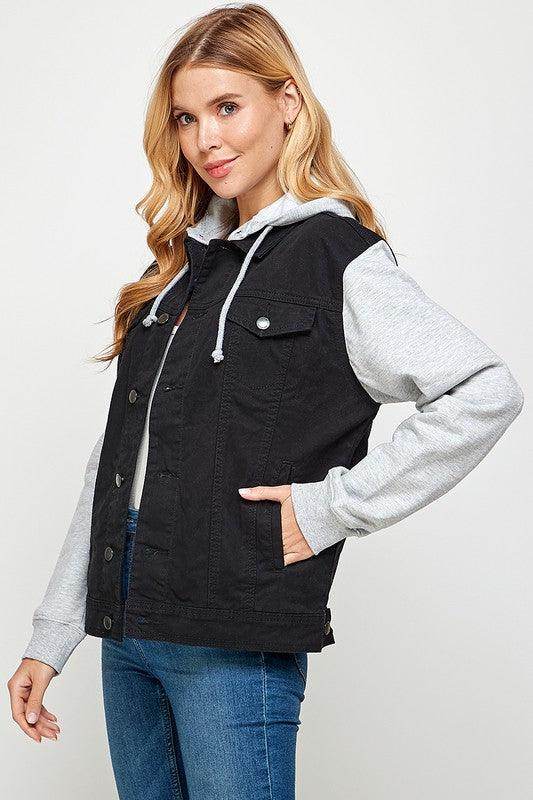 Women's Denim Jacket with Fleece Hoodie - VacationGrabs