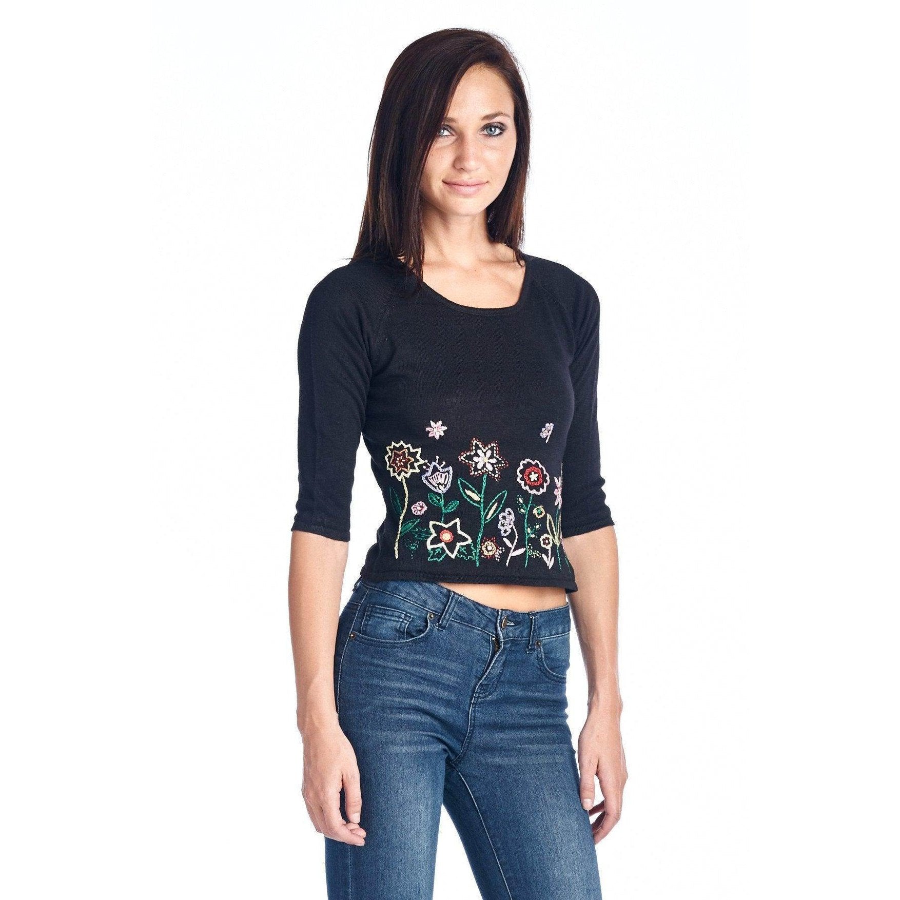 Women's Floral Embroidered Tie-Back Crop Sweater - VacationGrabs