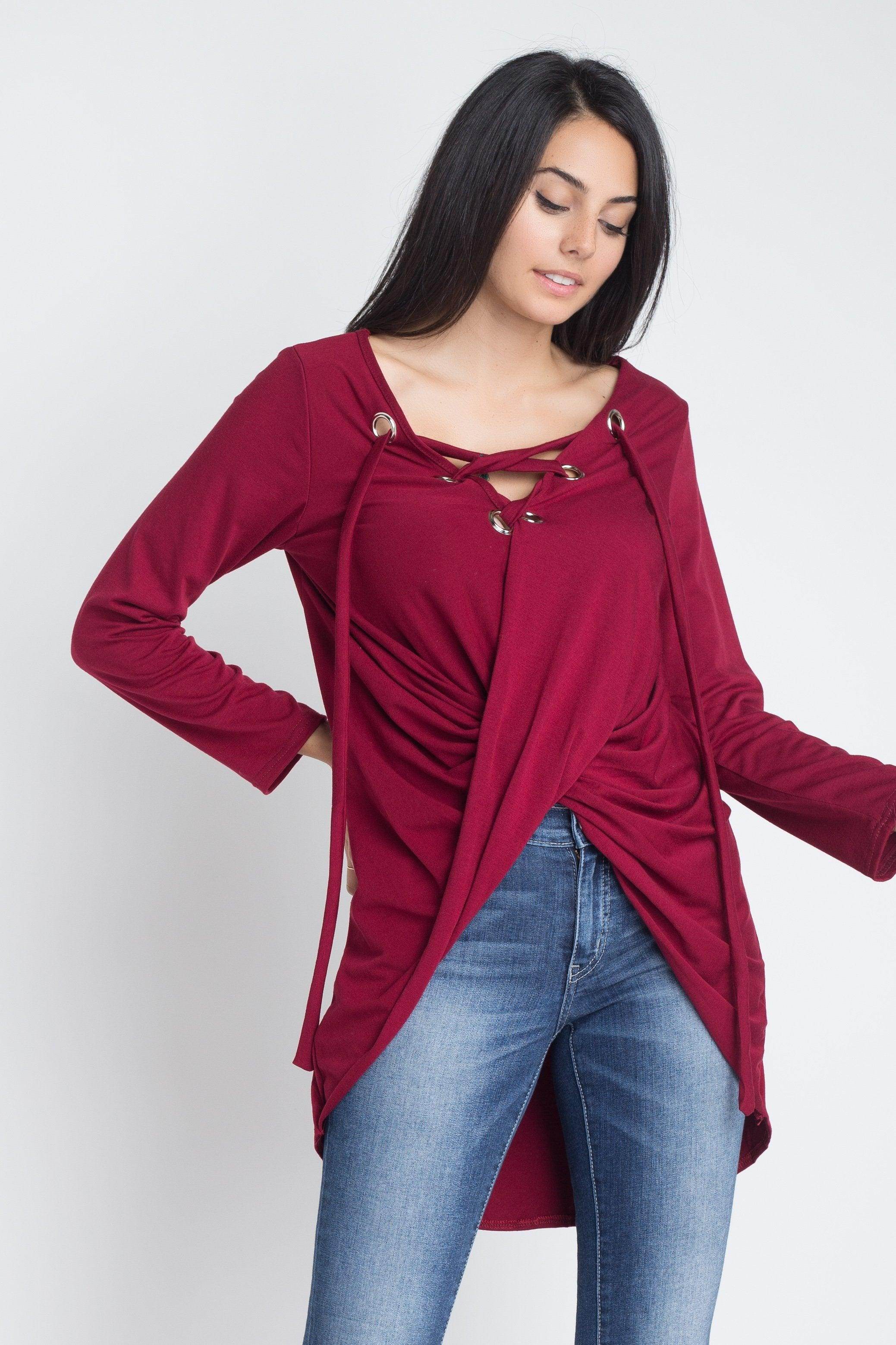 Women's Lace Up Wrap Long Sleeve Top - VacationGrabs