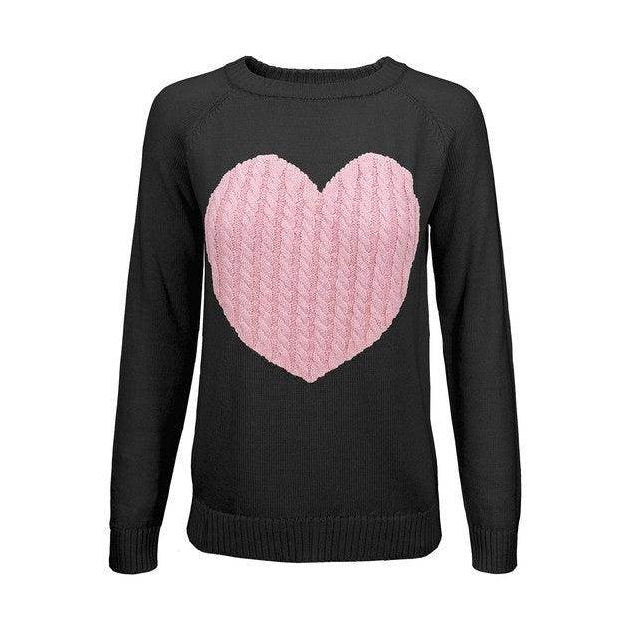 Women's Love Heart Jacquard Round Neck Pullover Sweater - VacationGrabs
