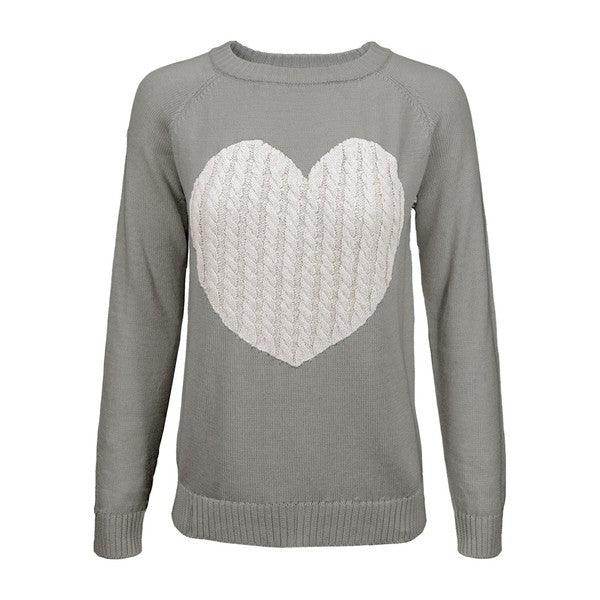 Women's Love Heart Jacquard Round Neck Pullover Sweater - VacationGrabs