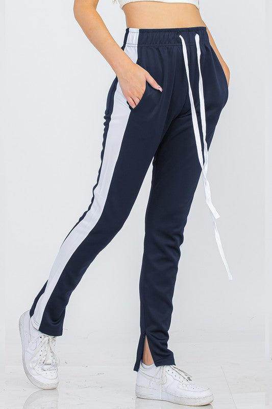 Women's Navy White Single Strip Track Pants - VacationGrabs