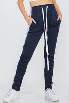 Women's Navy White Single Strip Track Pants - VacationGrabs
