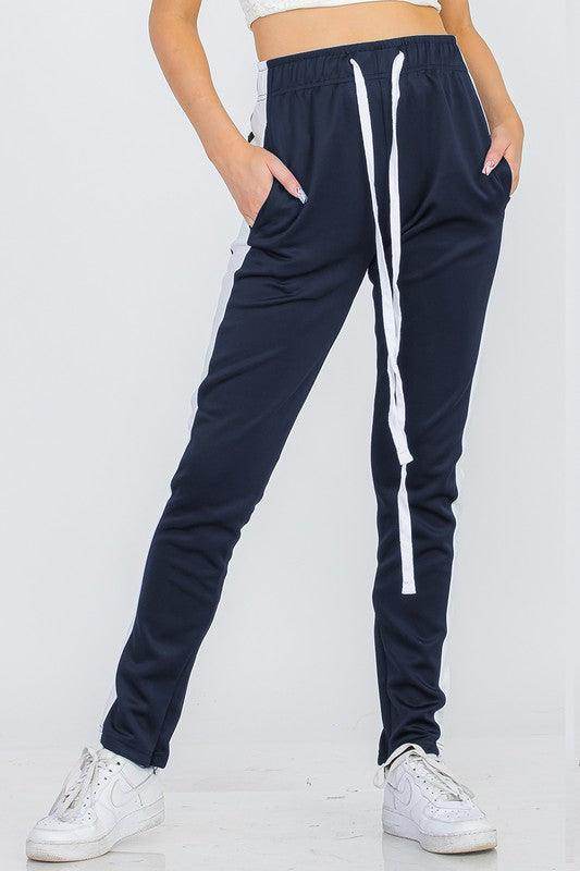 Women's Navy White Single Strip Track Pants - VacationGrabs