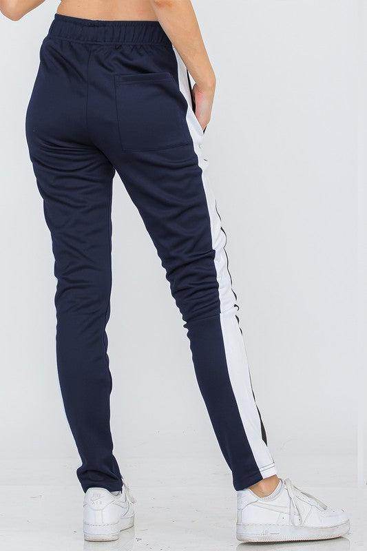 Women's Navy White Single Strip Track Pants - VacationGrabs