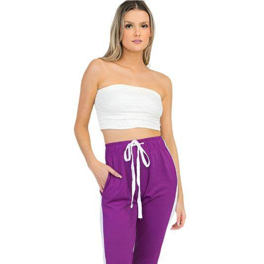 Women's Purple White Single Strip Track Pants - VacationGrabs
