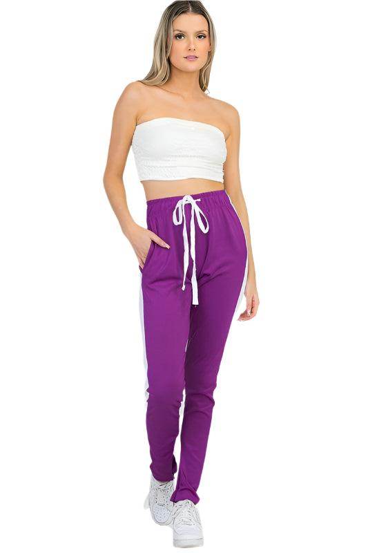 Women's Purple White Single Strip Track Pants - VacationGrabs