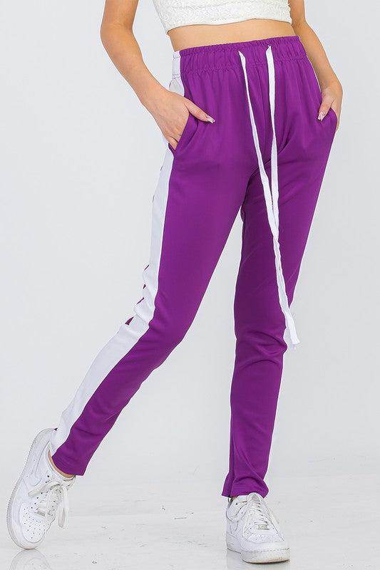 Women's Purple White Single Strip Track Pants - VacationGrabs