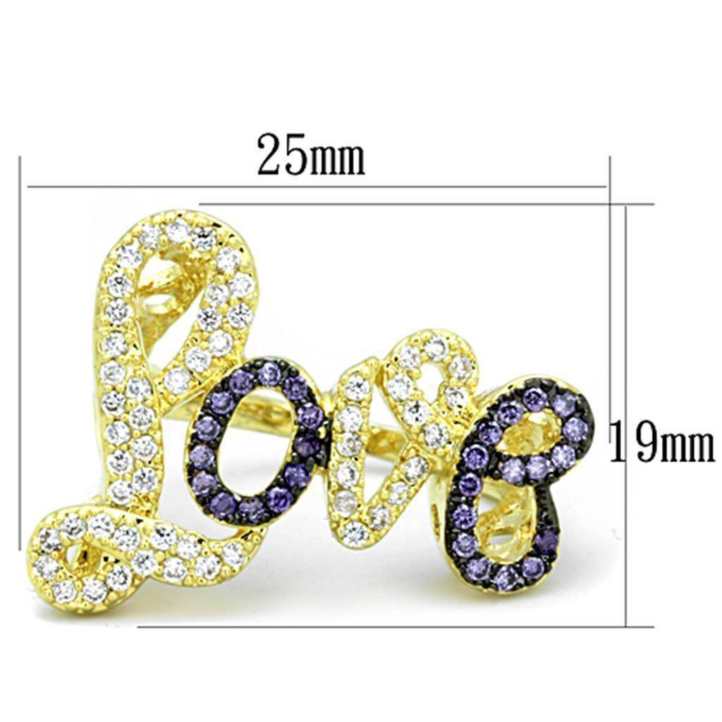 Gold and ruthenium brass ring shaped like the word 'Love' adorned with sparkling gemstones