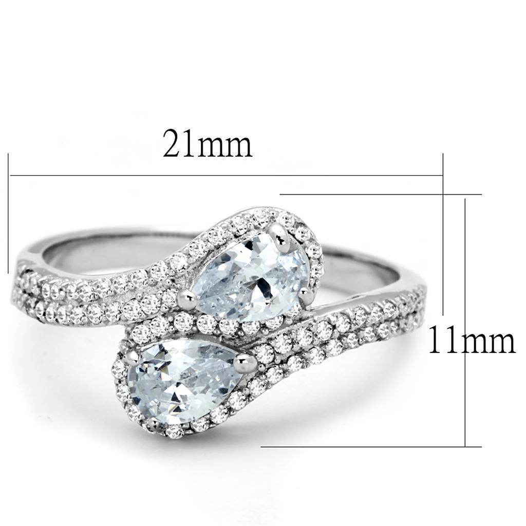Rhodium plated sterling silver fashion ring with two pear-shaped stones set in a sparkling band