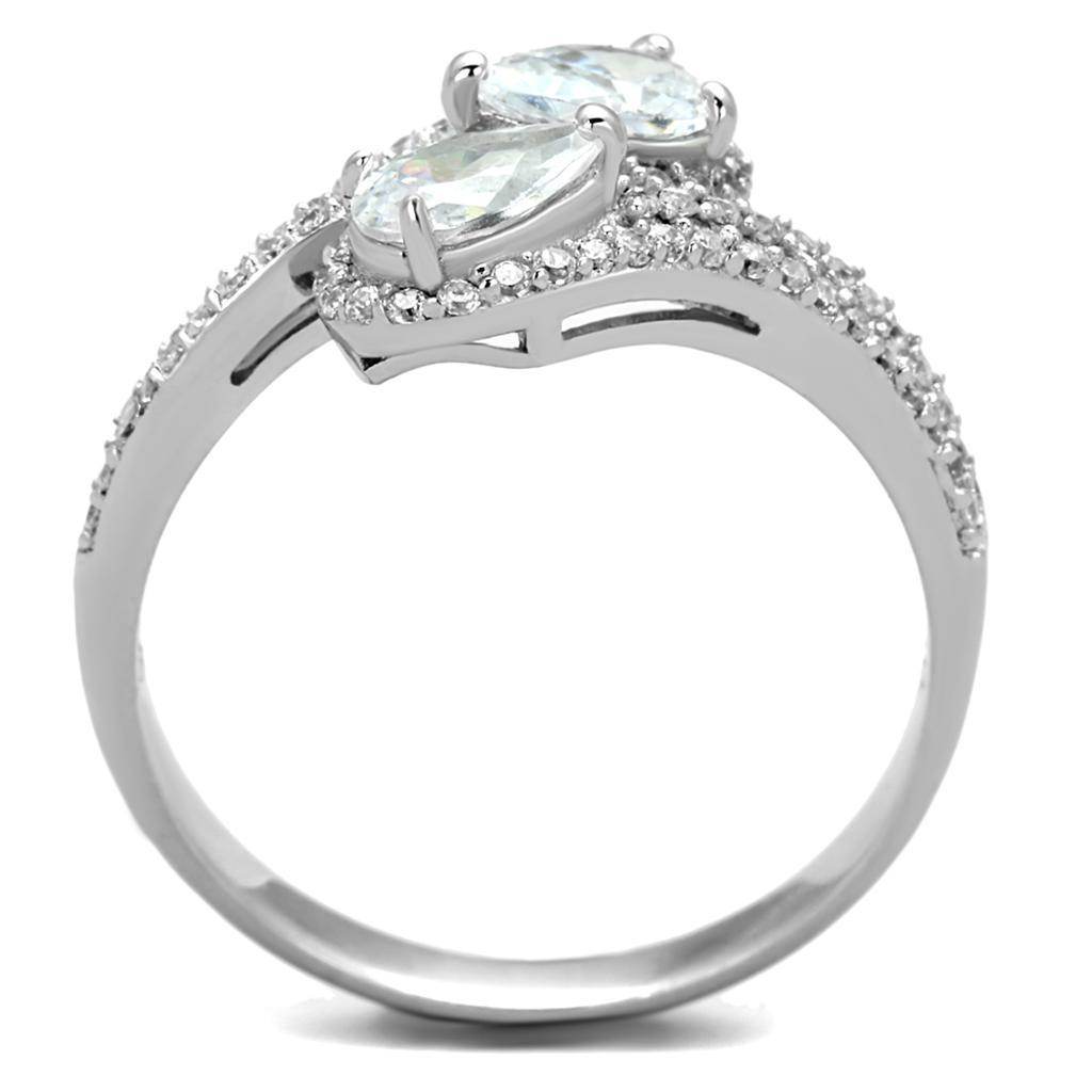 Rhodium plated sterling silver fashion ring featuring two oval stones and sparkling details