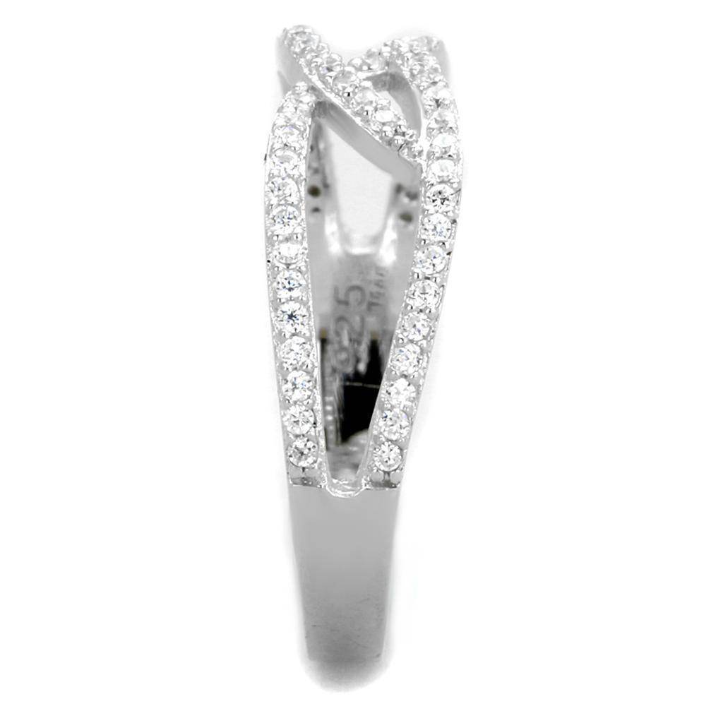 Elegant rhodium plated silver ring for women with sparkling zirconia accents and intertwined design