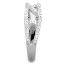 Elegant rhodium plated silver ring for women with sparkling zirconia accents and intertwined design