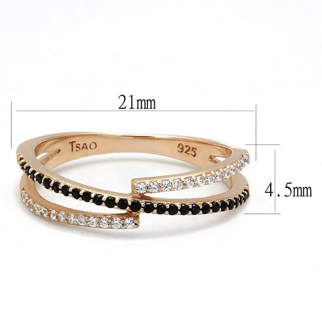 Unique sterling silver ring for women featuring two interlocking bands with black and white stones