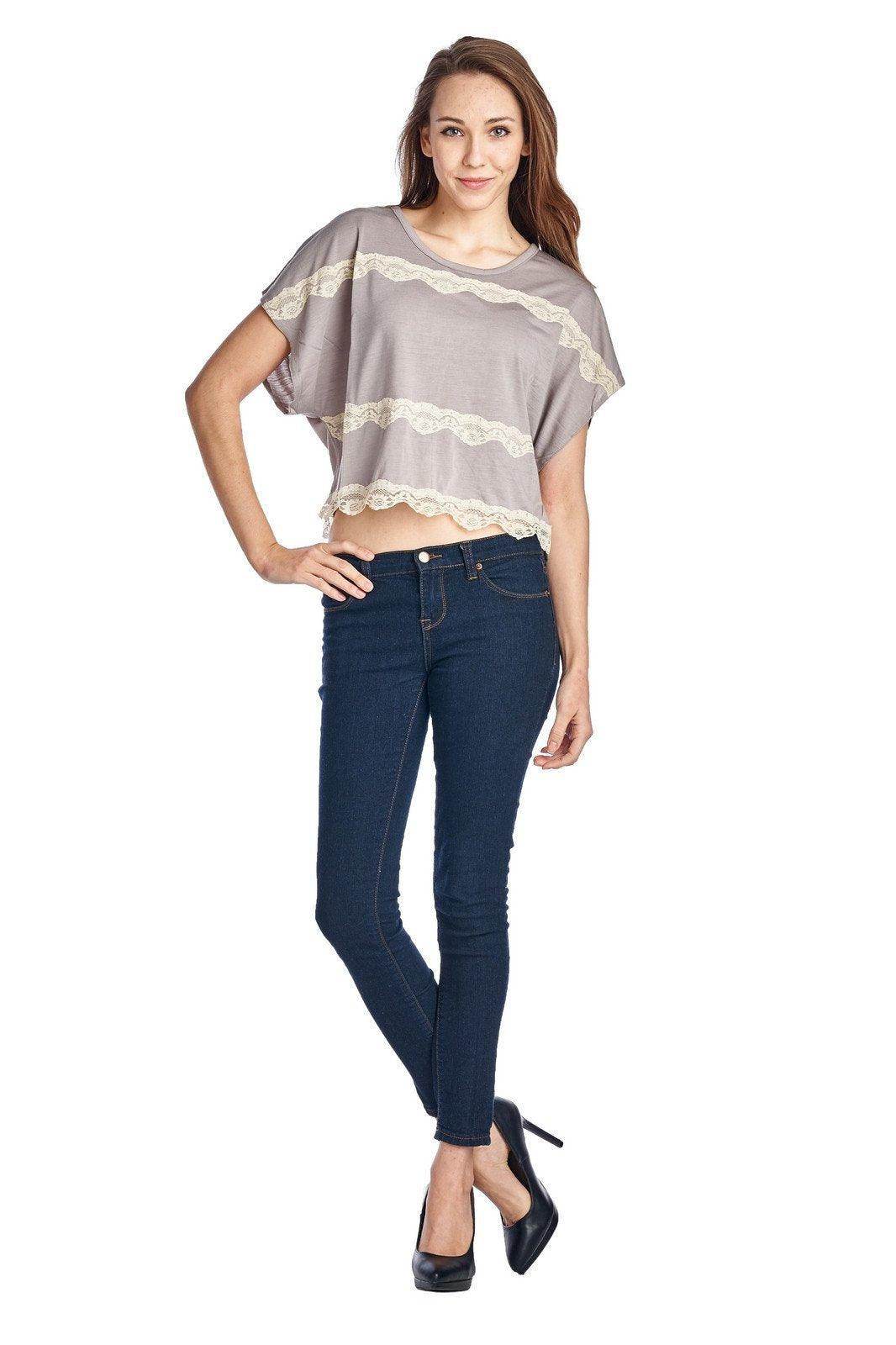 Women's Short Wing Keyhole Back Top with Lace Trim - VacationGrabs