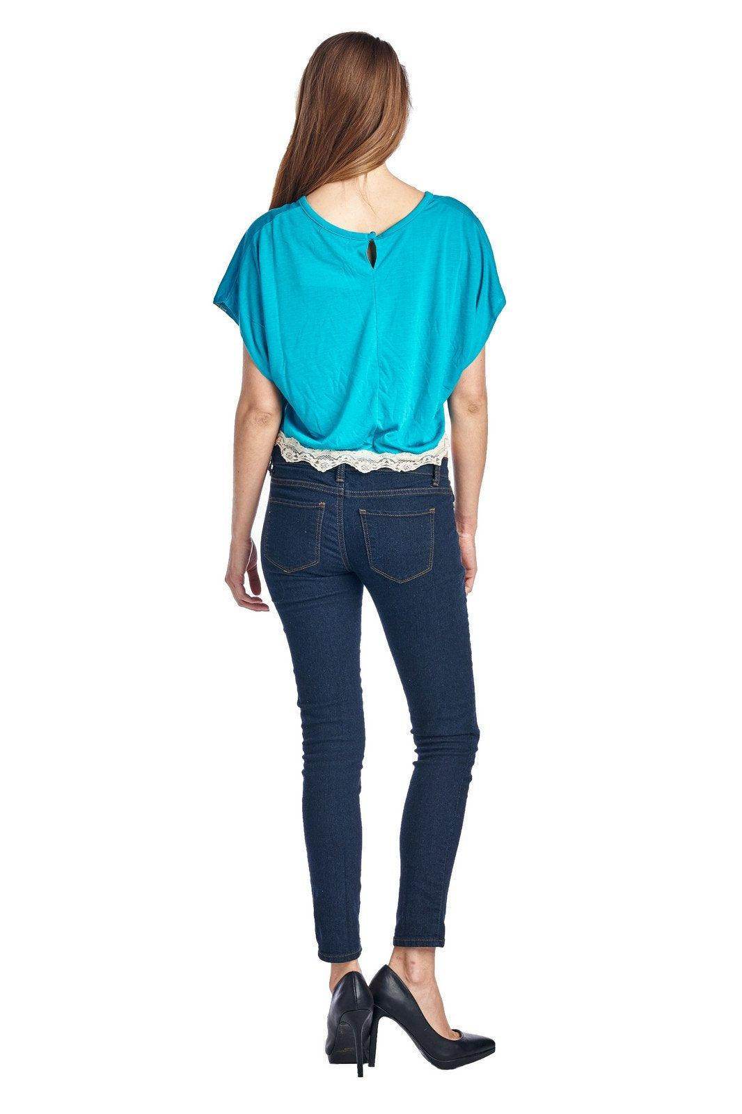 Women's Short Wing Keyhole Back Top with Lace Trim - VacationGrabs