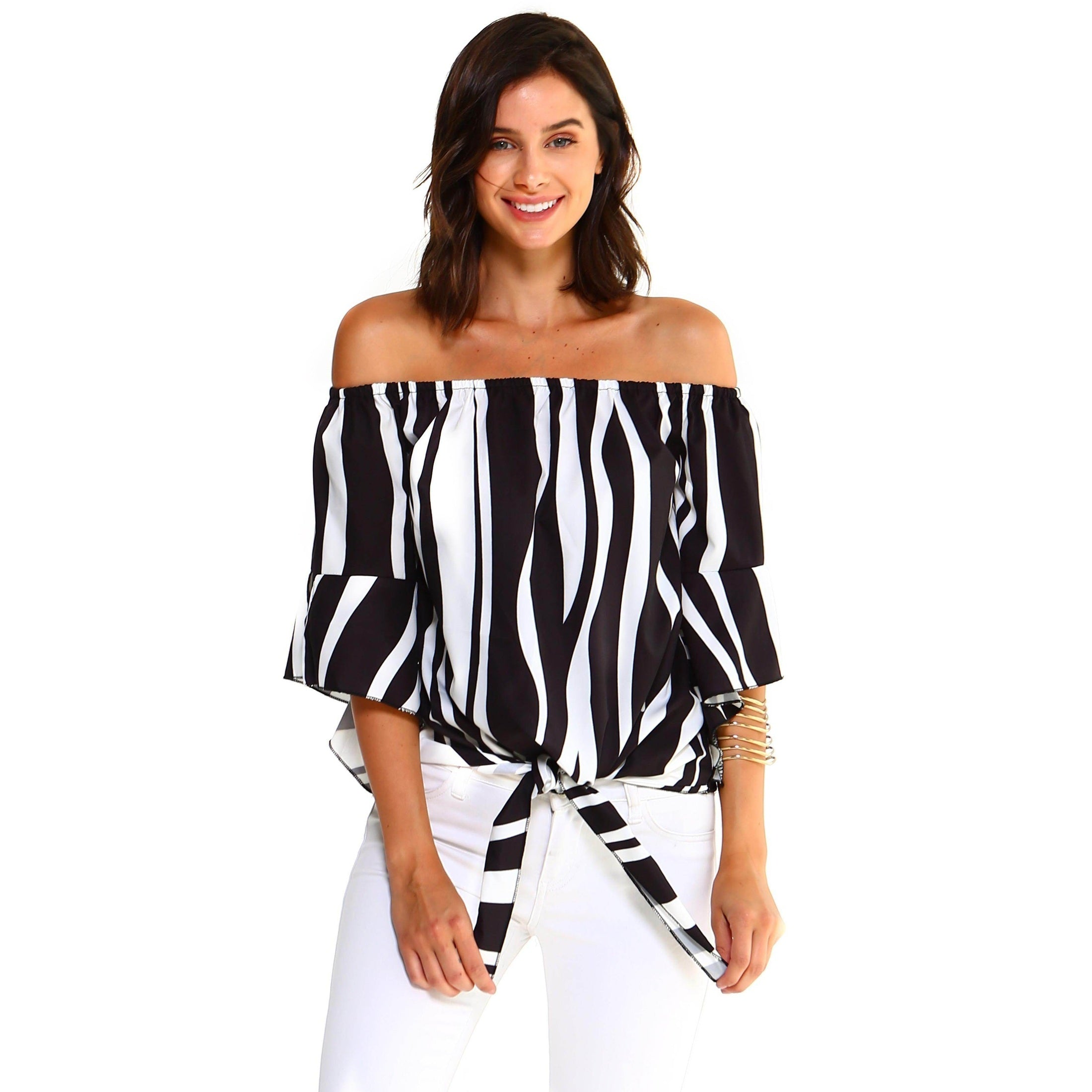 Women's Strapless Striped Bandage Blouse - VacationGrabs